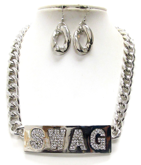 Crystal pave on metal plate swag message and thick chain necklace earring set