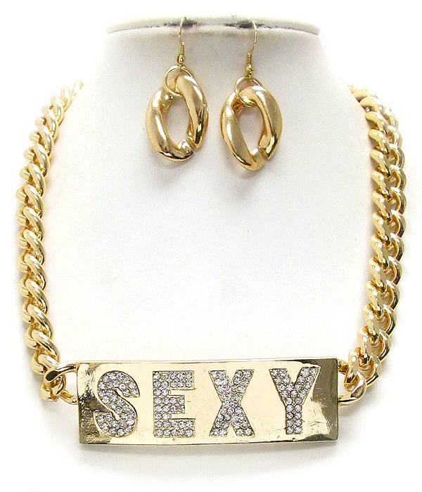 Crystal pave on metal plate sexy message and thick chain necklace earring set