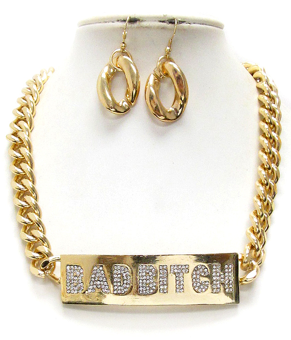 Crystal pave on metal plate bad bitch message and thick chain necklace earring set