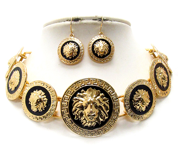 Multi epoxy deco lion head disk link rihanna style chocker necklace earring set