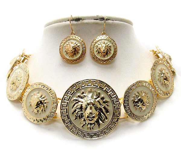 Multi epoxy deco lion head disk link rihanna style chocker necklace earring set