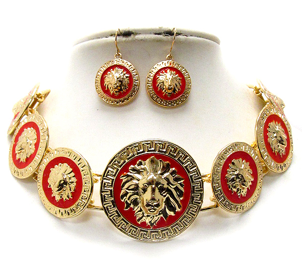 Multi epoxy deco lion head disk link rihanna style chocker necklace earring set