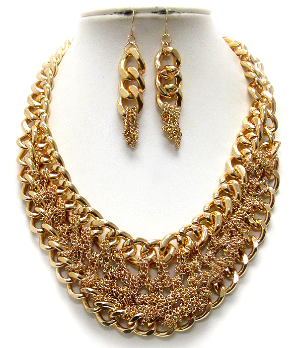 Double layer thick chain and thin chain link between bib style necklace earring set