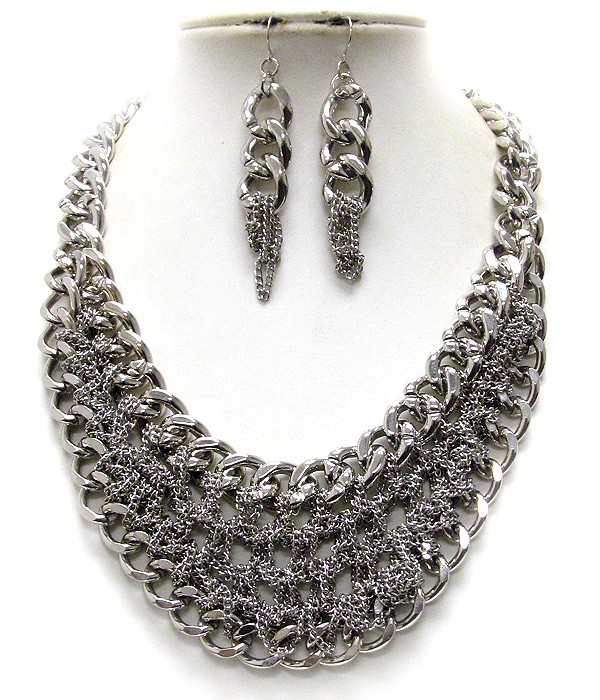 Double layer thick chain and thin chain link between bib style necklace earring set