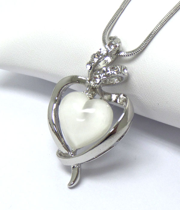 Made in korea whitegold plating crystal and heart stone centre pendant necklace