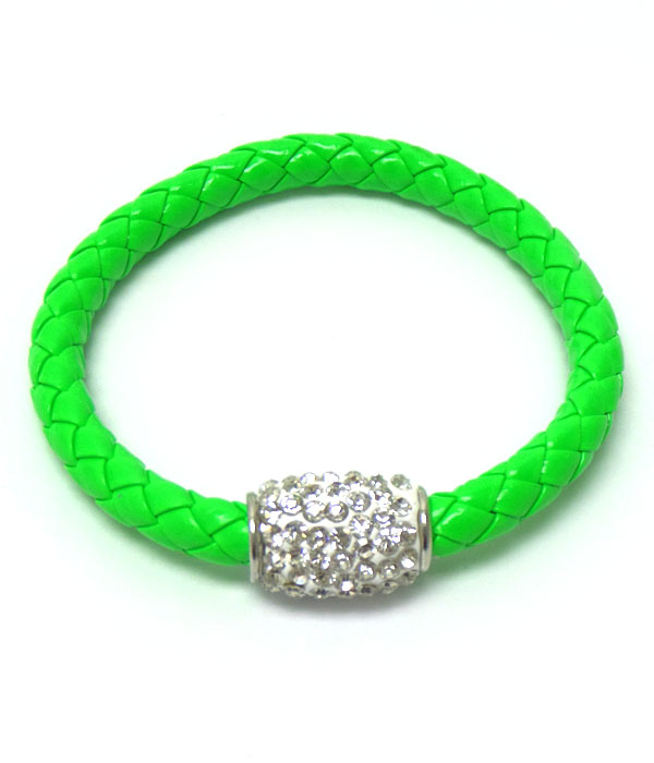 Crystal stud clay ball and neon leatherette band magnetic closure bracelet