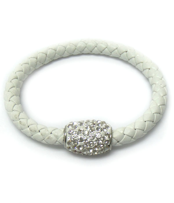 Crystal stud clay ball and neon leatherette band magnetic closure bracelet