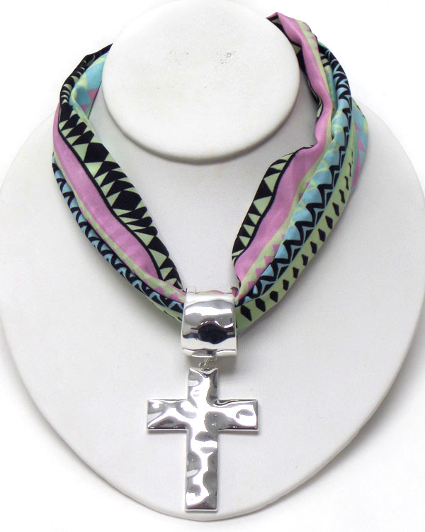 Hammered cross pendant and aztec pattern scarf necklace -western