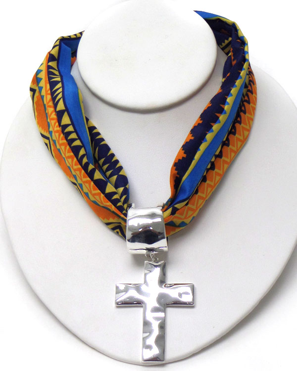 Hammered cross pendant and aztec pattern scarf necklace -western