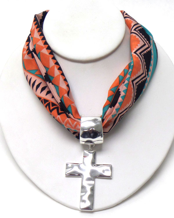 Hammered cross pendant and aztec pattern scarf necklace -western