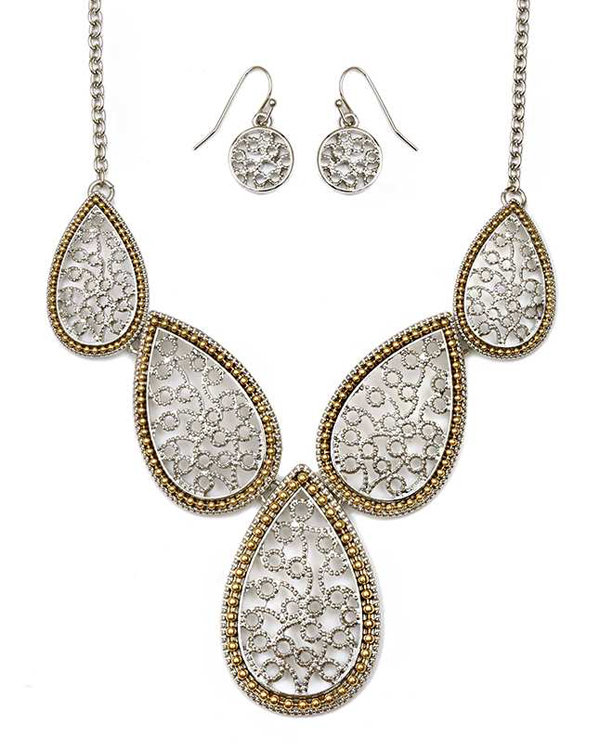 Metal filigree teardrop link necklace set