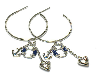 Nautical theme charm dangle hoop earring - hoops