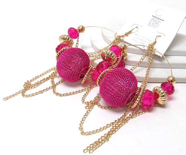 Multi crystal glass and metal balls with chain basketball wives metal mesh ball inspired hoop earring - hoops