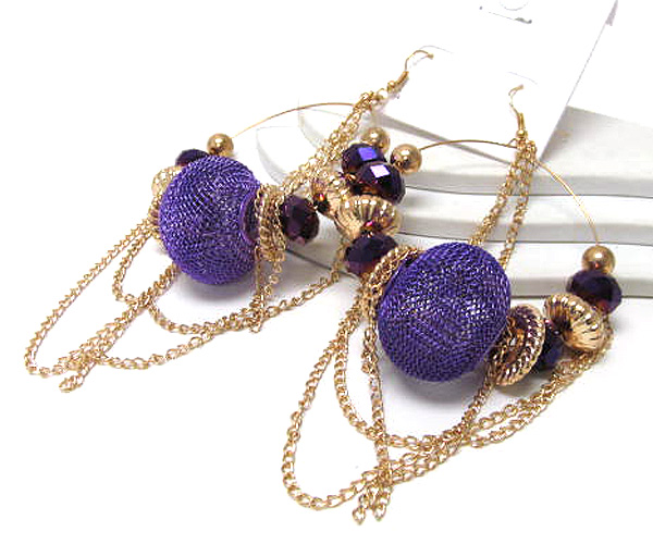 Multi crystal glass and metal balls with chain basketball wives metal mesh ball inspired hoop earring - hoops