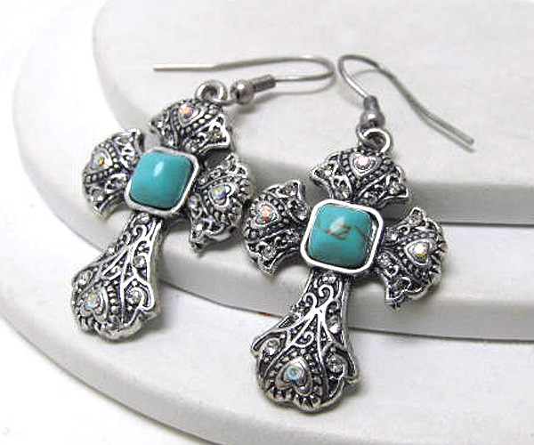 Multi crystal center turquoise stone drop cross earring 