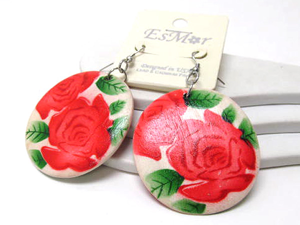 Round wood printed rose drop earring