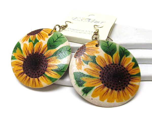 Round wood printed sunflower drop earring