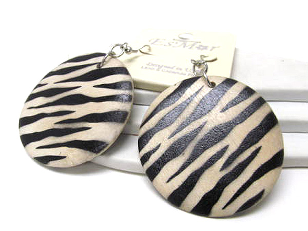 Round wood printed zebra drop earring