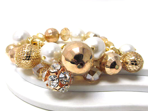 Metal crystal pearl mix chain stretch bracelet