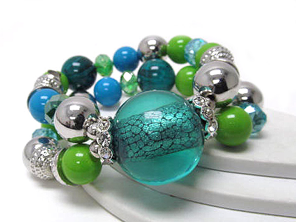 Multi acryl balls and metal with large glass ball prited snake skin stretch bracelet