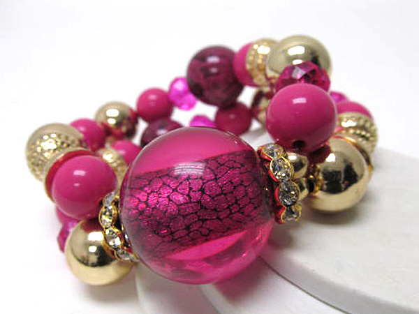 Multi acryl balls and metal with large glass ball prited snake skin stretch bracelet 