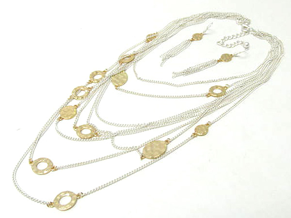 Multi chain and multi oval hammered disk long chain necklace earring set