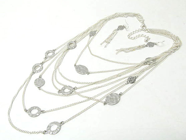 Multi chain and multi oval hammered disk long chain necklace earring set