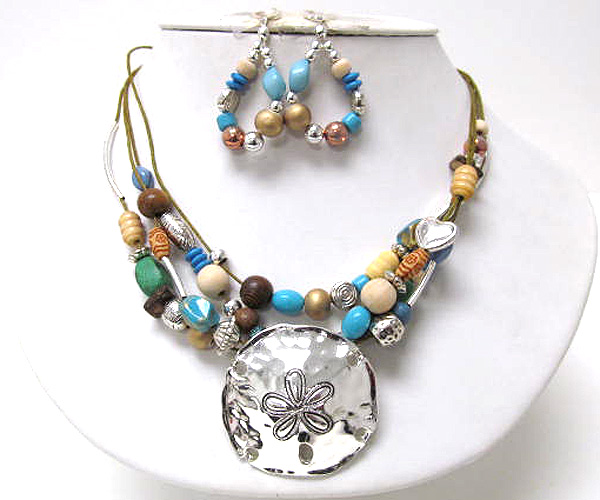 Acryl mixed chip stone and metal beads with wood drop hammerd round metal cord chain necklace earring set