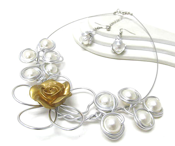 Melti wire pearls and wire art link necklace earring set