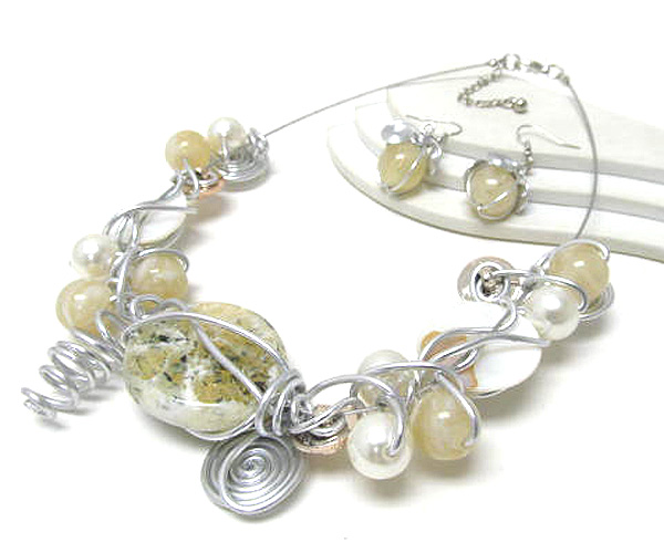 Natural murano glass shape and pearls with metal buttons wire art link necklace earring set