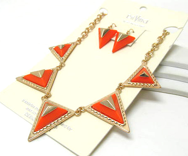 Metal triangle patern and acryl fashion style drop chain necklace earring set