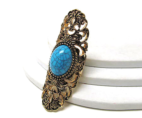 Natural stone and filigree metal long finger ring