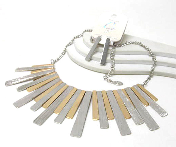 Multi metal scratch bar drop necklace earring set