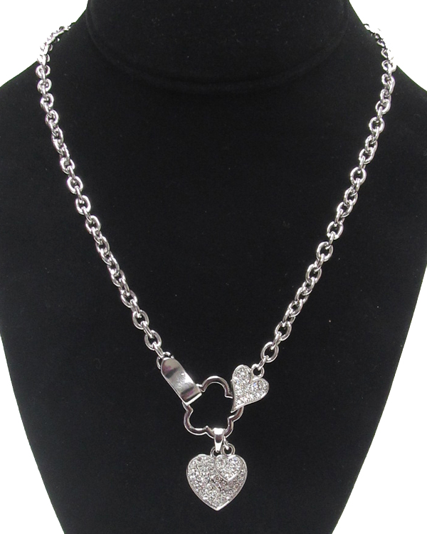 Made in korea whitegold plating crystal stud dual heart dangle necklace