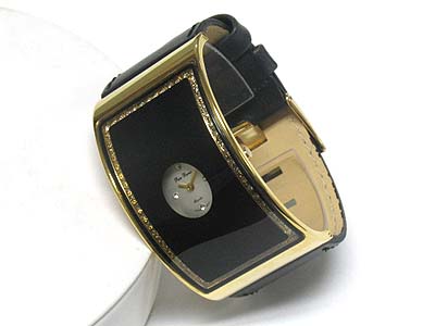 Curved glass crystal frame leather band watch