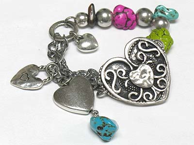 Burnish metal heart and natural stone dangle bracelet