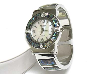 Crystal accent natural stone metal bangle watch