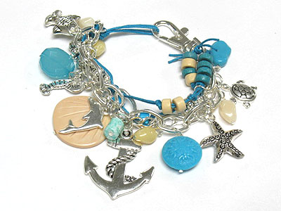 Sea life theme charm wooden ball and multi chain link bracelet