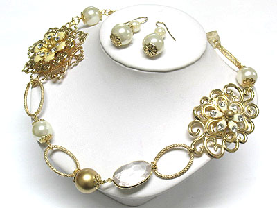 Crystal deco flower and pearl beads link metal chain necklace set