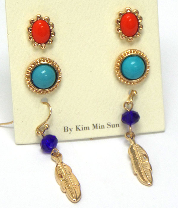 Turquoise and coral and feather drop earring set of 3