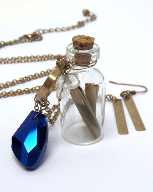 Cork cap vintage glass bottle pendant necklace earring set