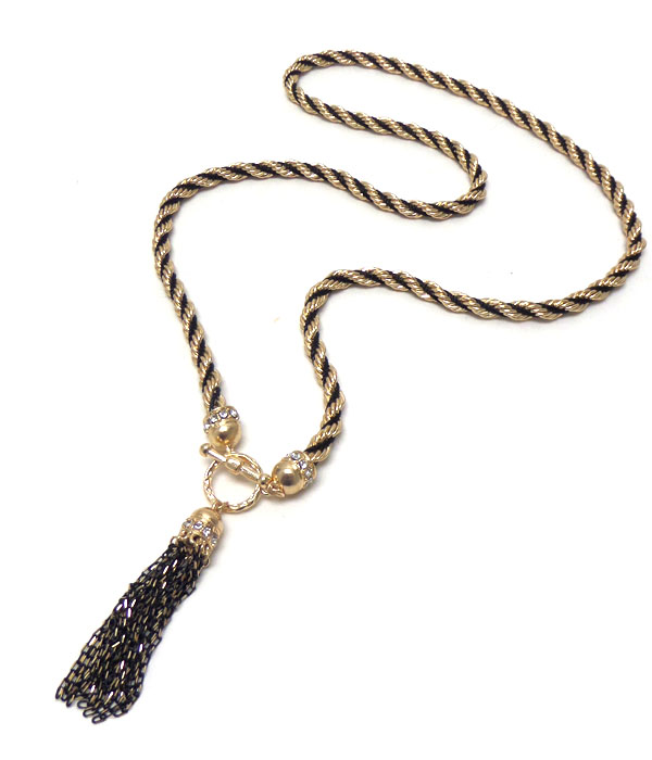 Crystal and chain tassel drop toggle necklace