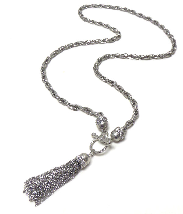 Crystal and chain tassel drop toggle necklace