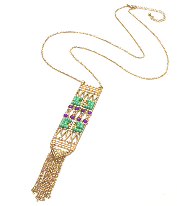 Seed bead and metal filigree chevron pattern and chain tassel necklace