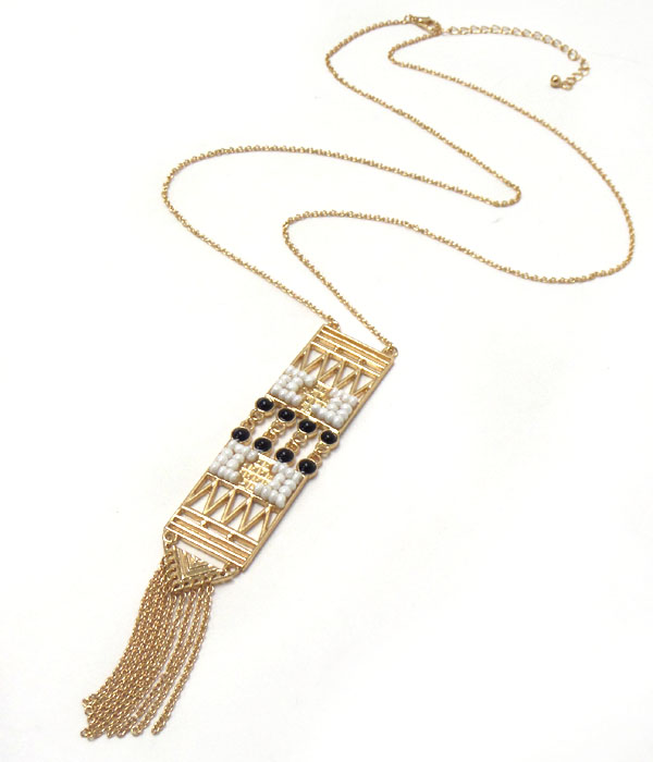 Seed bead and metal filigree chevron pattern and chain tassel necklace