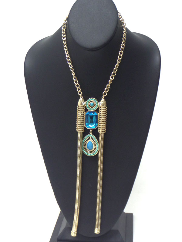 Facet stone and metal filigree teardrop and thick snake chain drop necklace