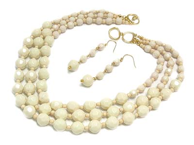 Triple strand glass beads necklace and earring set