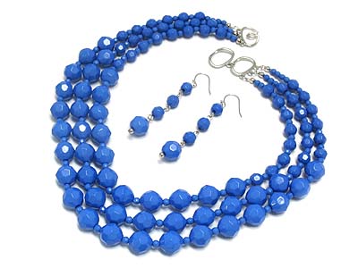 Triple strand glass beads necklace and earring set