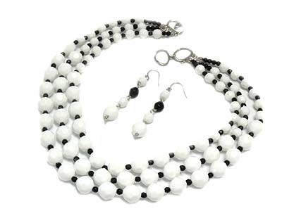 Triple strand glass beads necklace and earring set