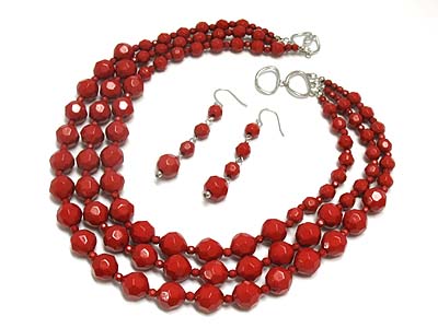 Triple strand glass beads necklace and earring set